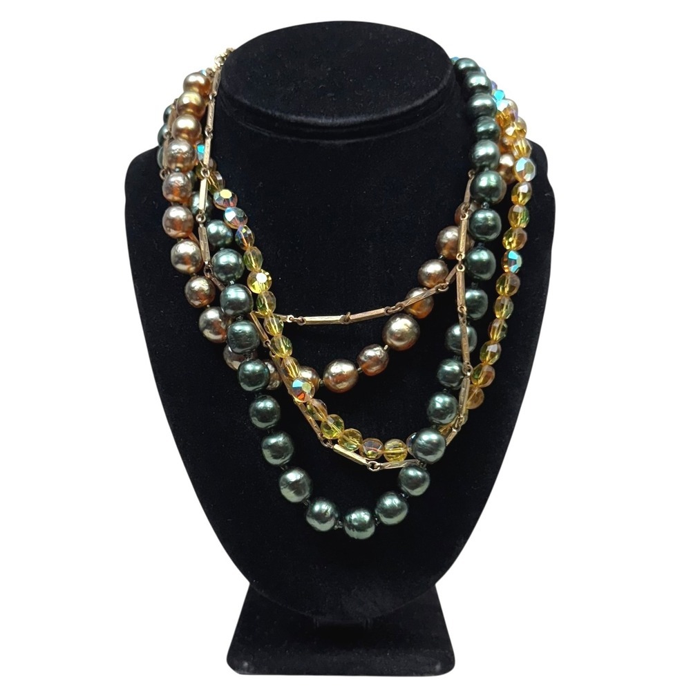 Multi Strand Gold Tone Statement Pearl Faceted Glass Beaded Necklace Jewelry 9in